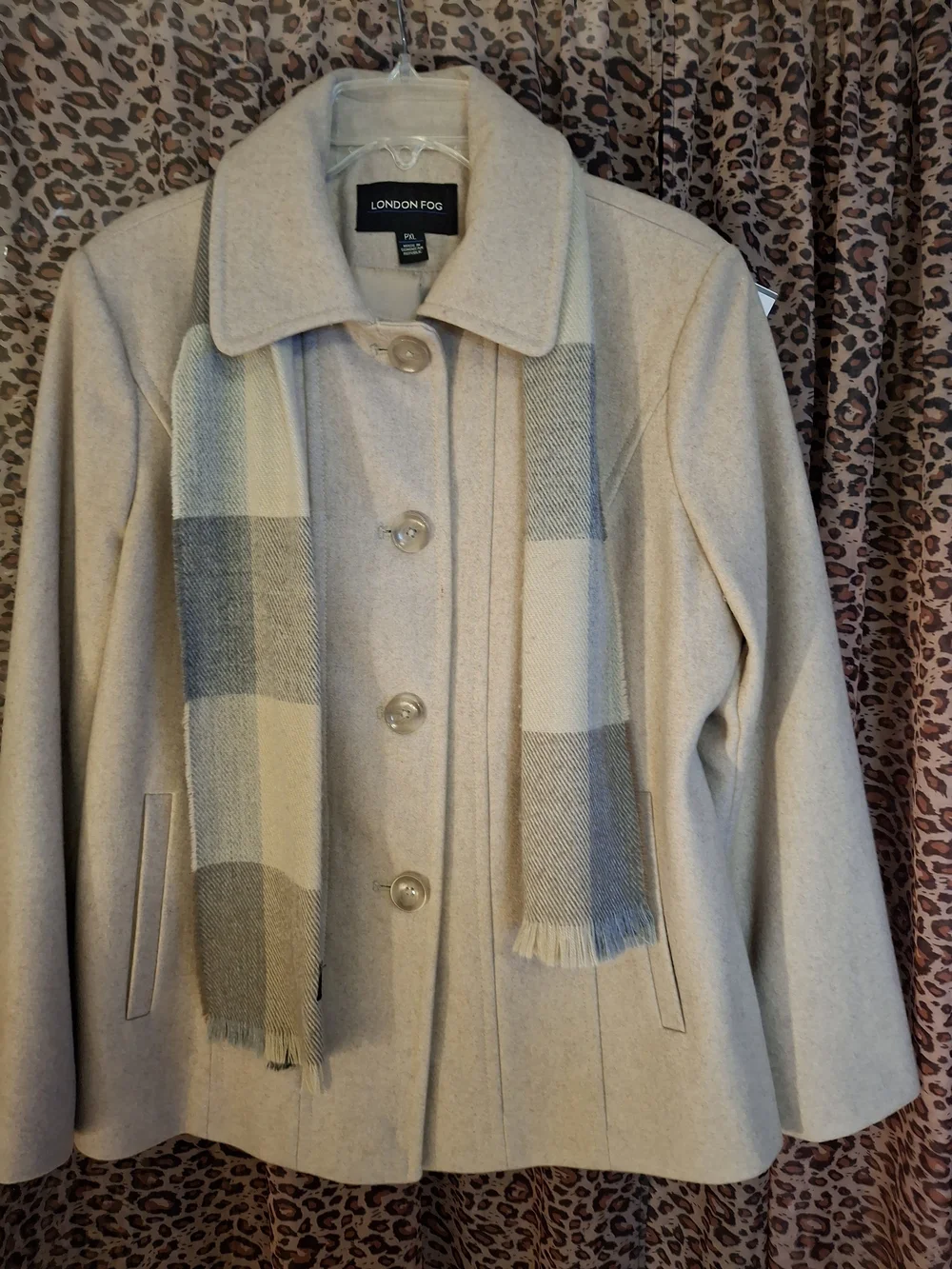 London Fog Beige Wool Pea Coat with Plaid Scarf